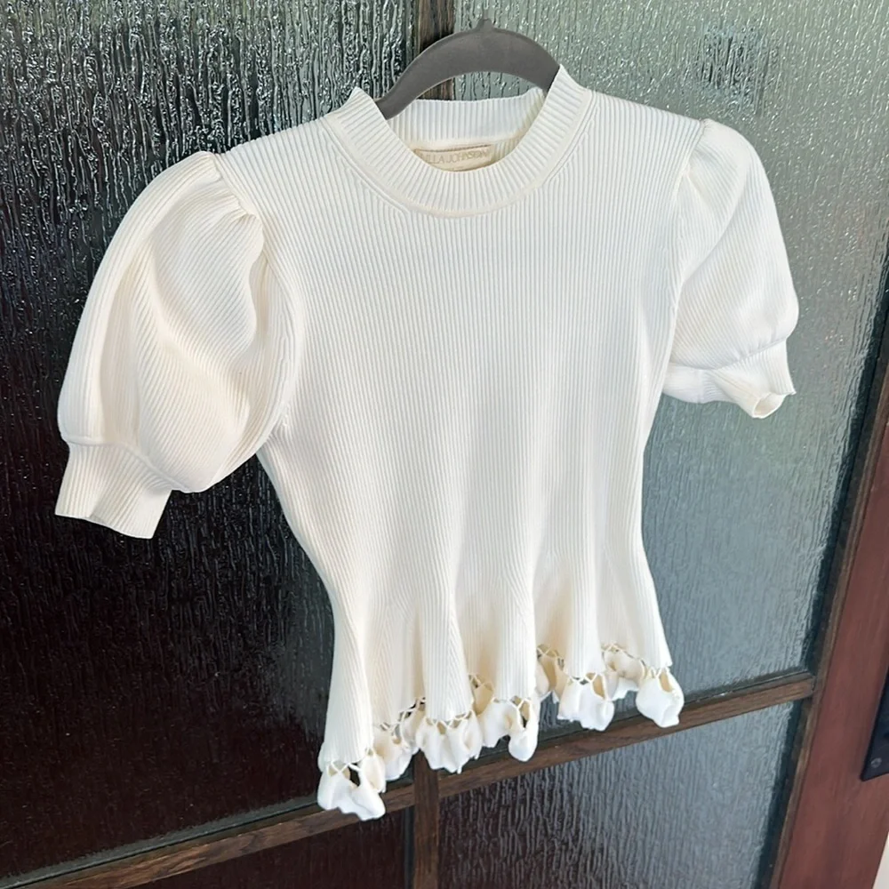 Ulla Johnson Ivory Knit Puff-Sleeve Peplum Top